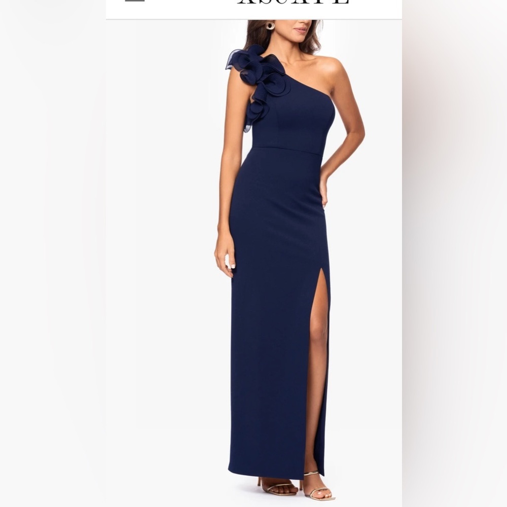 Xscape Marianna Navy One Shoulder Scuba Crepe Gown Size 8 Worn Once - Picture 10 of 11